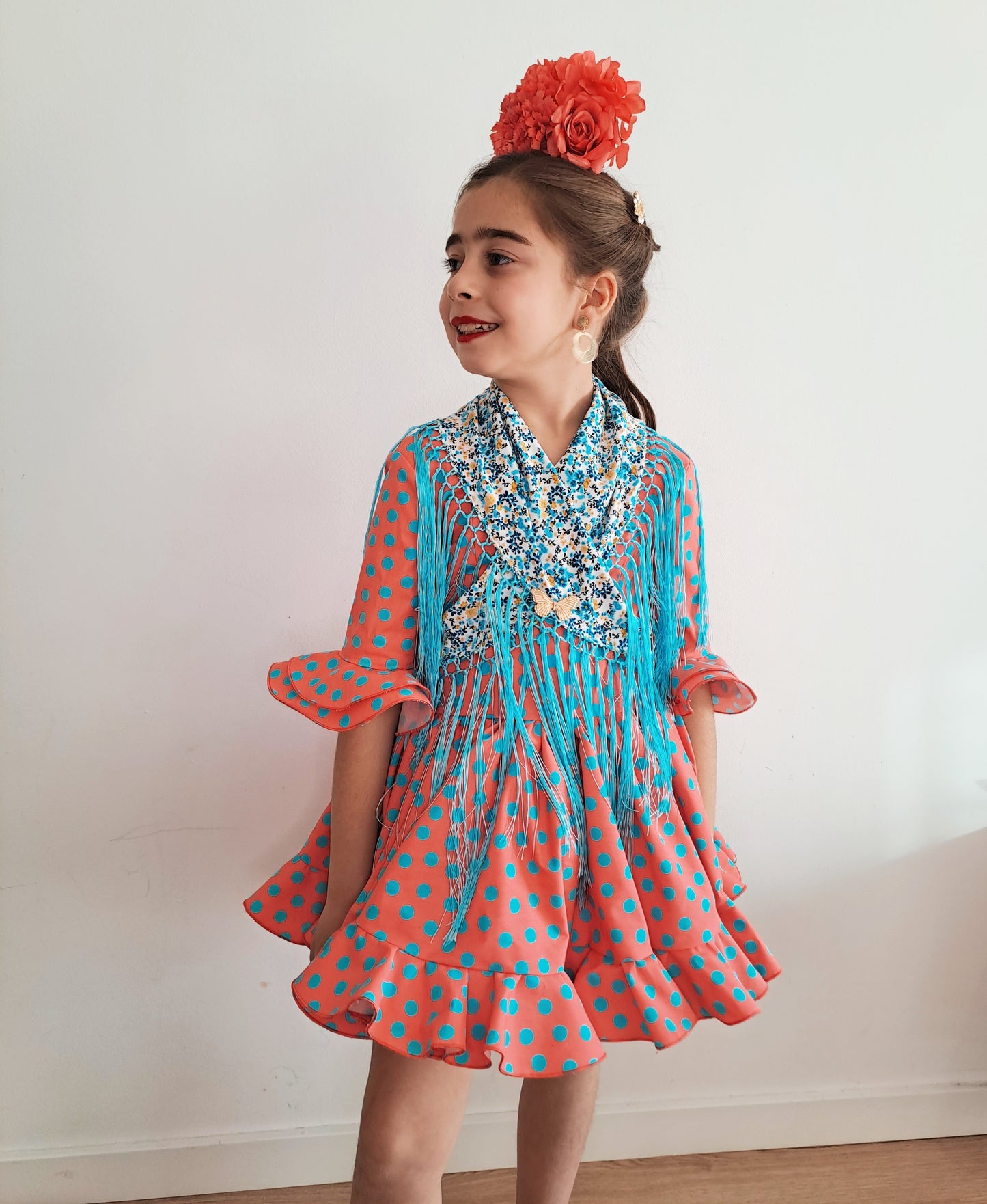 Vestido de flamenca niña corto coral lunar turquesa