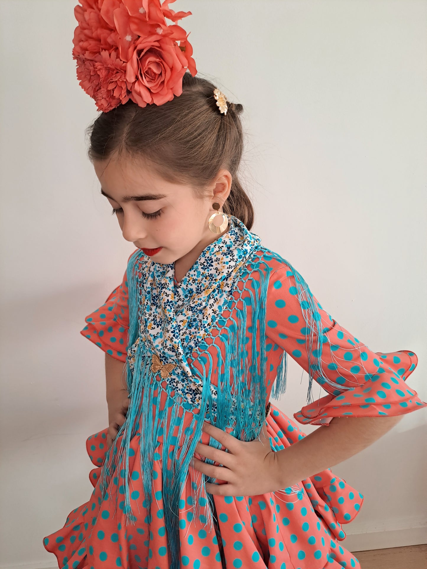 Vestido de flamenca niña corto coral lunar turquesa