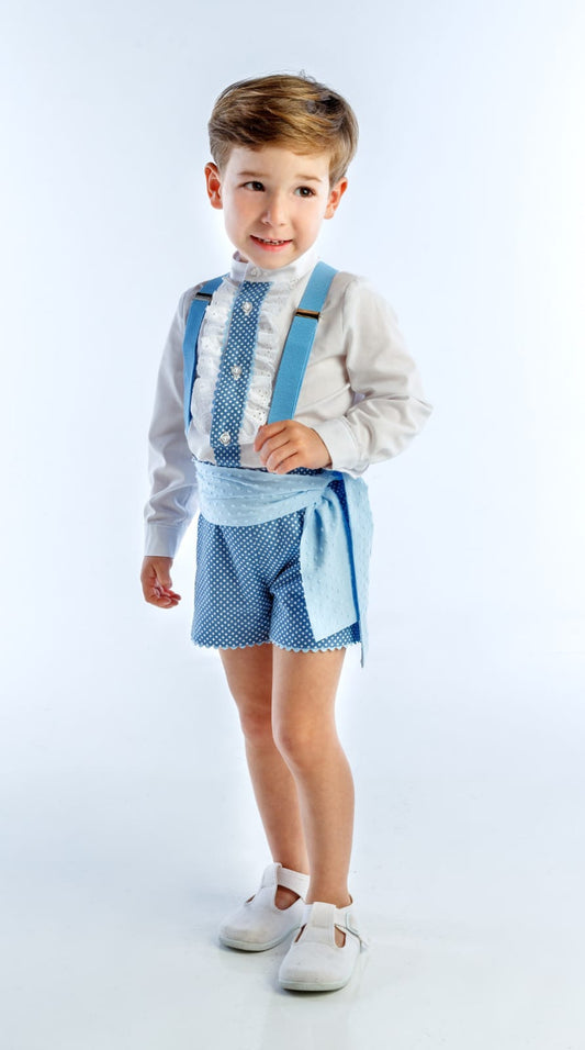 Traje de flamenco niño pantalón azúl francés lunar blanco