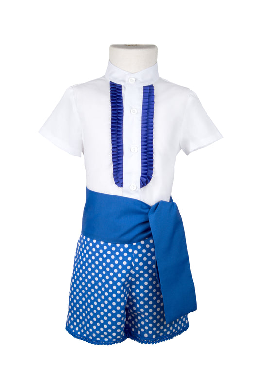 Traje de flamenco niño pantalón azúl eléctrico lunar blanco